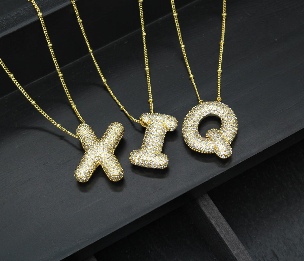 Pwiuor 14k Gold Ballon A Initial Anhänger Halskette Blasenbuchstaben Namenskette Zarte Zirkonia Alphabet Halskette Geburtstagsgeschenke für Frauen