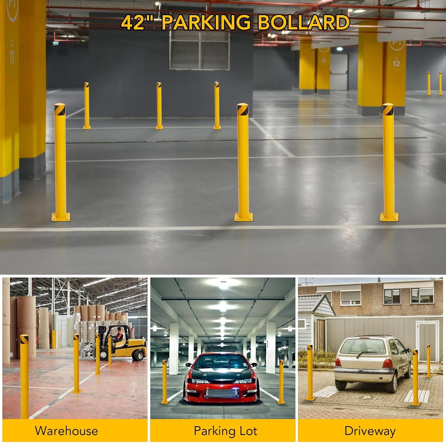 Safety Bollard 4 Packs, 42 Inch Height Steel Bollard Post for Parking Lot, 4.5 Inch Diameter Pipe, Yellow Safety Bollard Post with 16 Anchor Bolts, Ideal for Traffic-Sensitive Areas, Driveway Barrier