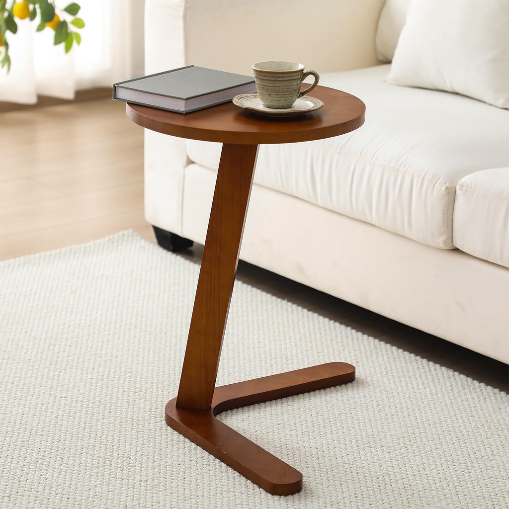 Leinuosen C Shaped Round End Table Solid Wood Handmade Side Table for Couch, Sofa, Living Room, Coffee and Eating Snack Tray (C Shaped Round,13.39 x13.39 x 23.43 Inch)