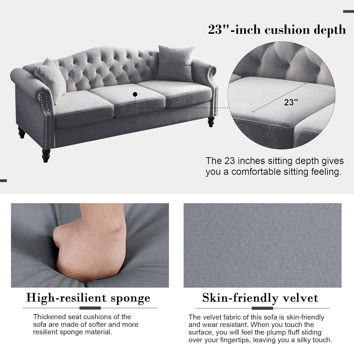 2 Piece Velvet Chesterfield Sofa,79" 3 Seater and 57" Loveseat Sofa Set,Button Tufted Nailhead Trimming Curved Backrest Rolled Arm (Grey, 79" 3 Seater and 57" Loveseat Velvet Sofa Sets)
