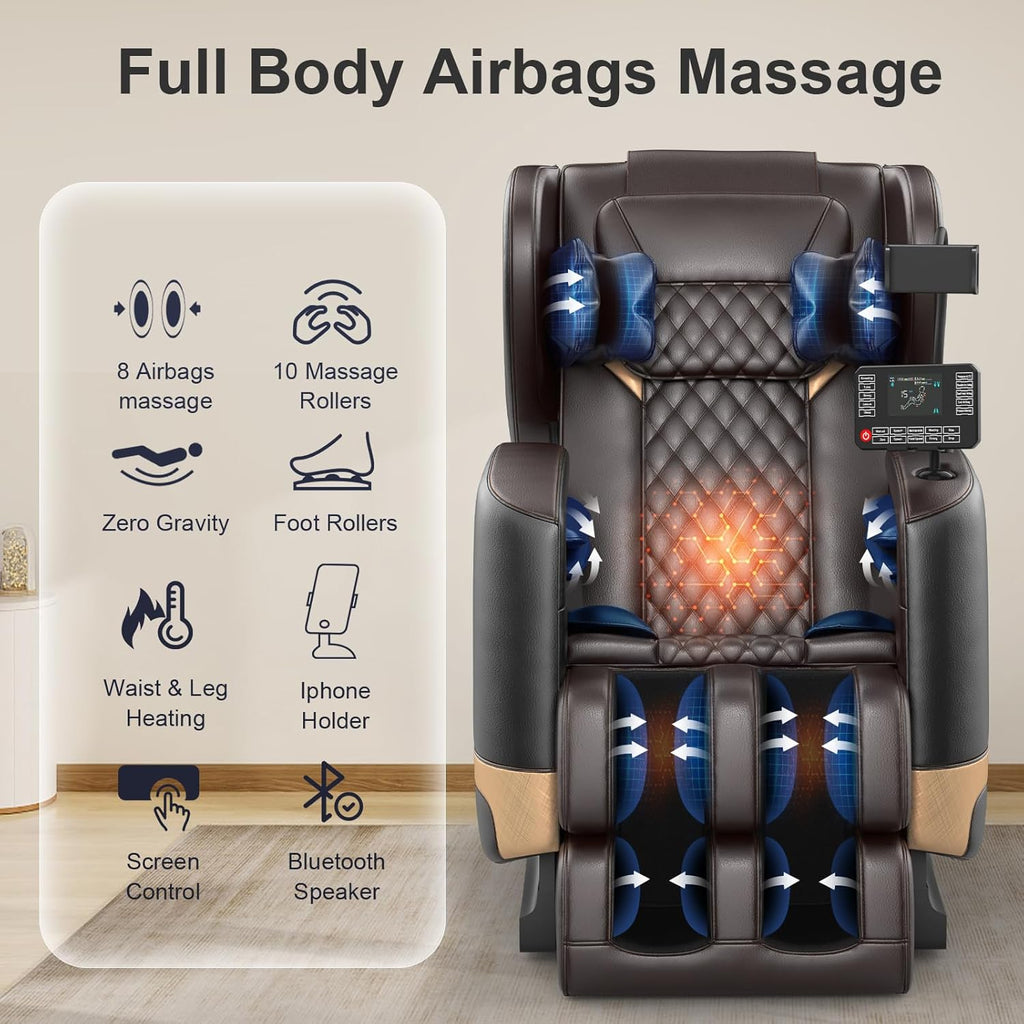 2025 Massage Chair Full Body, Zero Gravity Massage Chair with 10 Fix Rollers, Heating, Foot Massage, Auto Modes, Bluetooth Speaker, Touch Screen Controller