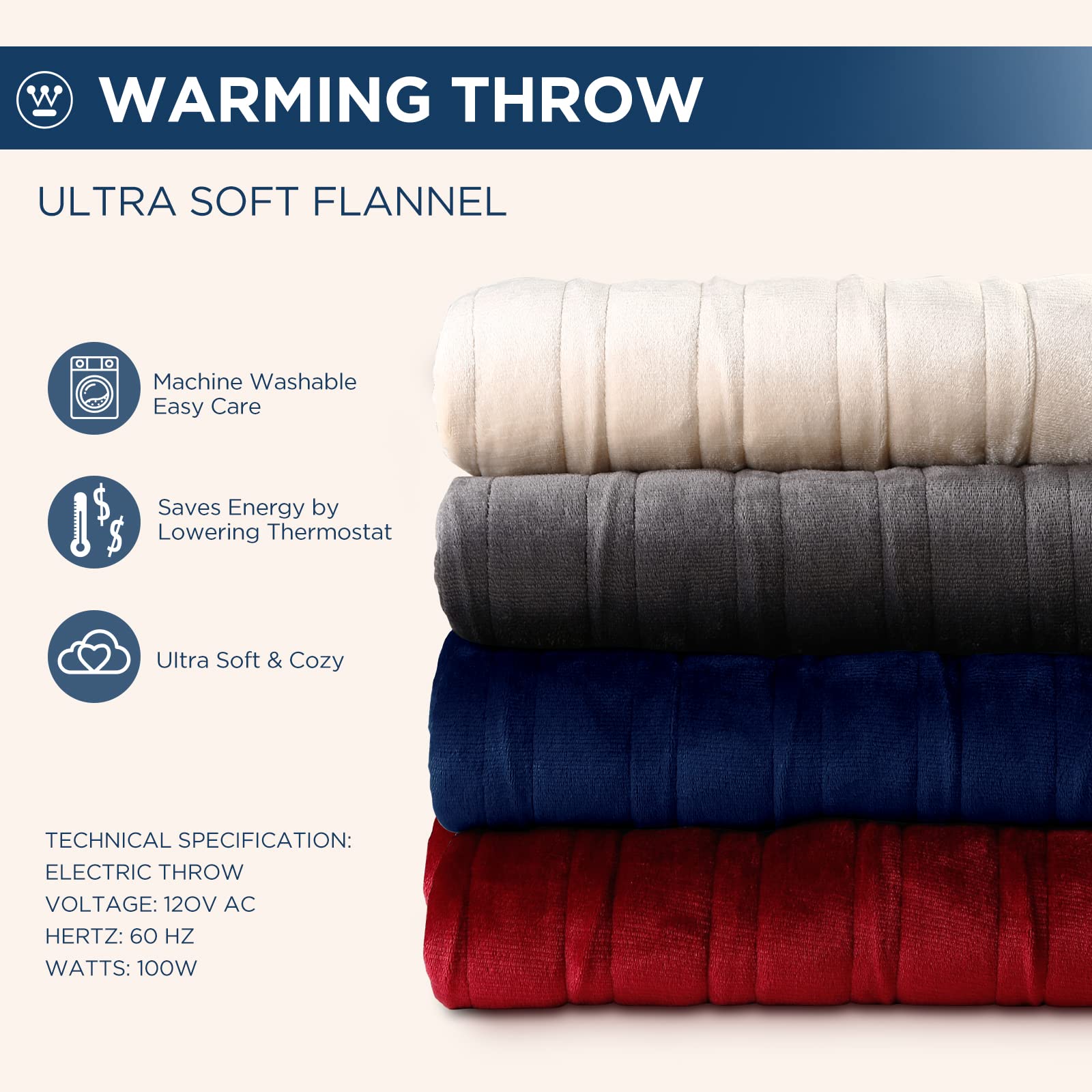 Manta eléctrica Westinghouse tamaño Queen, franela súper suave y acogedora 84" x 90" manta calefactable con 10 niveles de calentamiento rápido y apagado automático de 1-12 horas, lavable a máquina, certificación ETL y FCC, beige