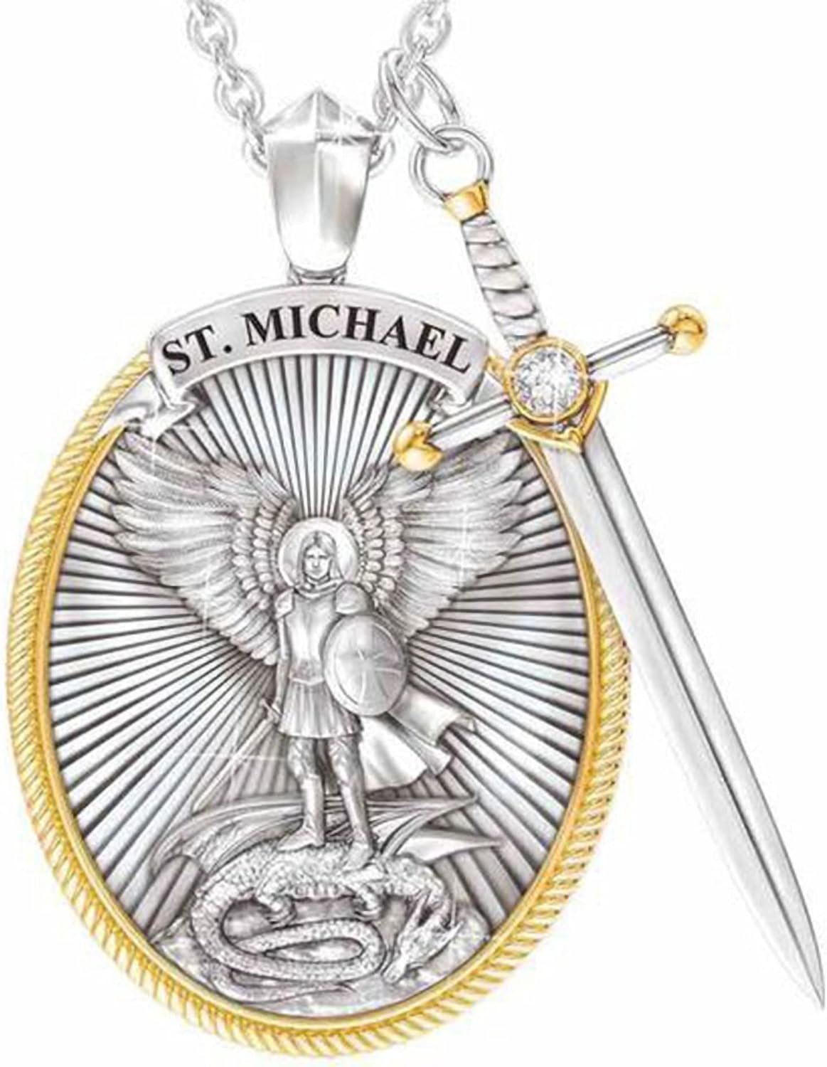 Archangel St. Michael Catholic Patron Steel Viking Pendant Necklace Jewelry Divine Sword Senhield Protection Gift for Men and Women-1PC-Anvirtue