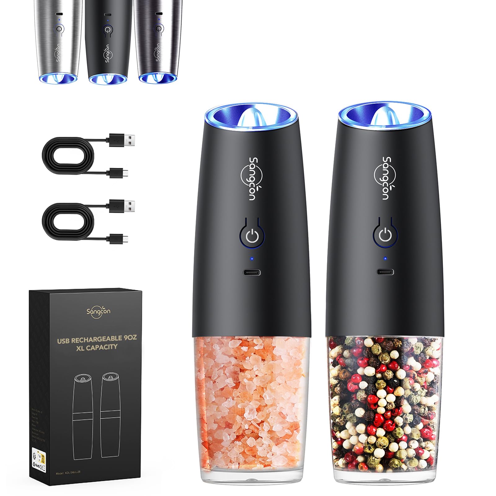Sangcon Gravity Electric Pepper and Salt Grinder Mill Automatic Shaker Grinder with LED Light, Battery Powered Adjustable Coarseness One Hand Operation, Upgraded Larger Capacity, 1pc