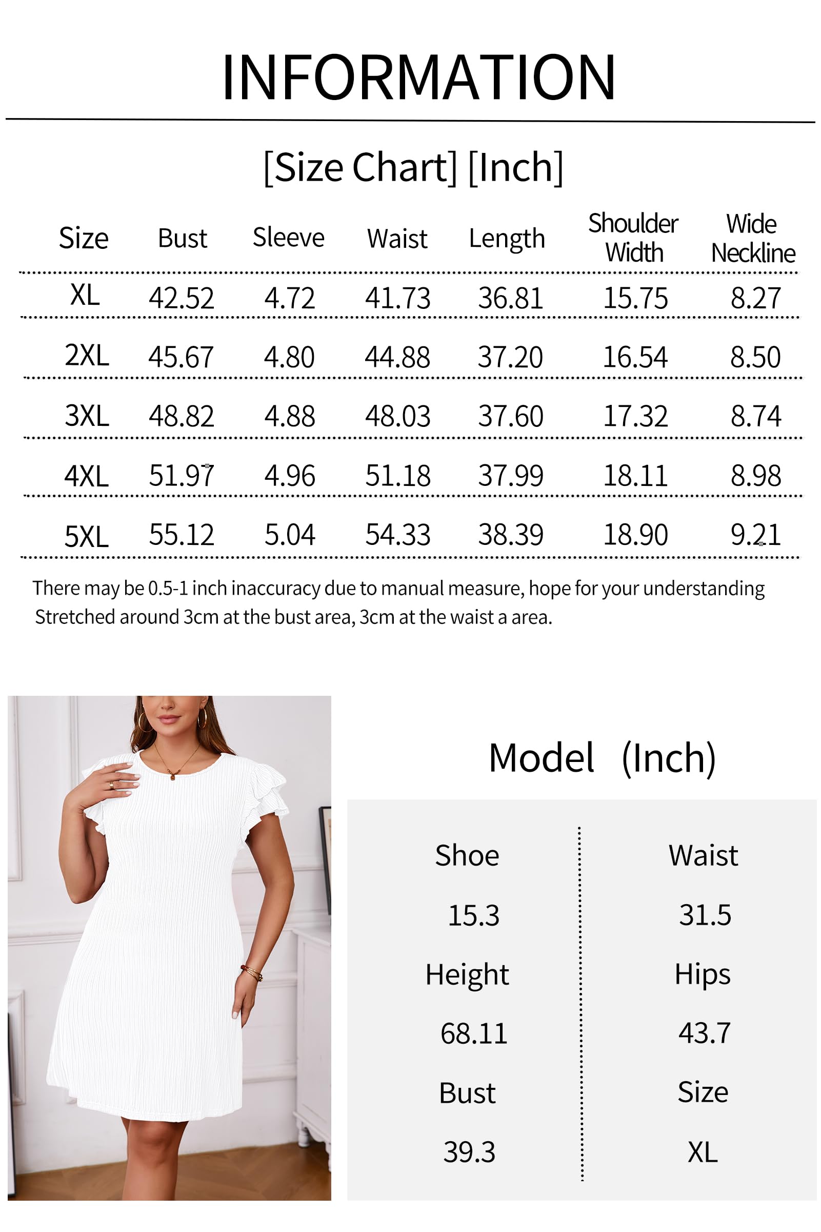 Runwind Plus Size Summer Dresses for Curvy Women Casual Crewneck Short Flowy Sleeve Cute Mini White Dress Women 3XL