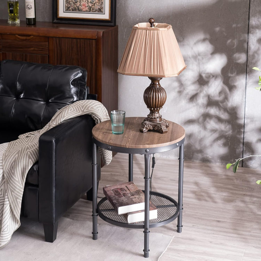 Bonnlo Industrial Round End Table - 20" Metal & Wooden Side Table for Couch & Living Room