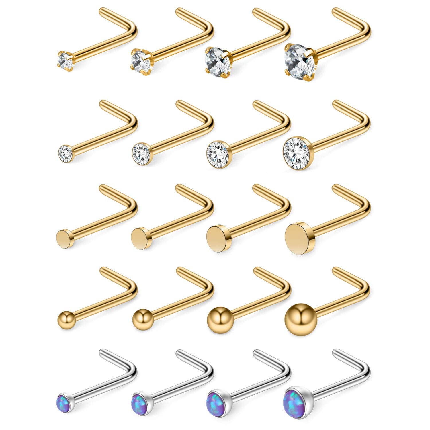 Ruifan 20G 1.5mm 2mm 2.5mm 3mm 3.5mm 4mm Opal Clear Diamond CZ Nose L Shaped Studs Rings Piercing Jewelry 4-20PCS
