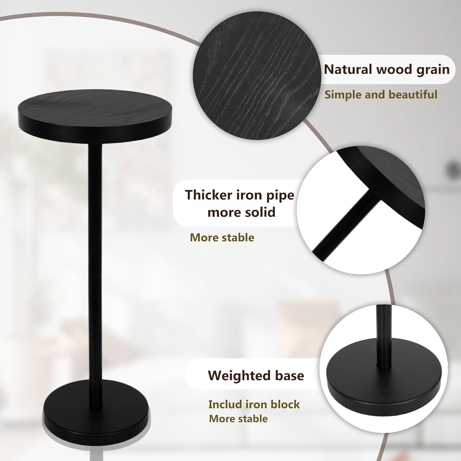 Pedestal Side Table, Small Drink Table for Small Space Living Room, Dorm, Home Office and Bedroom, Black