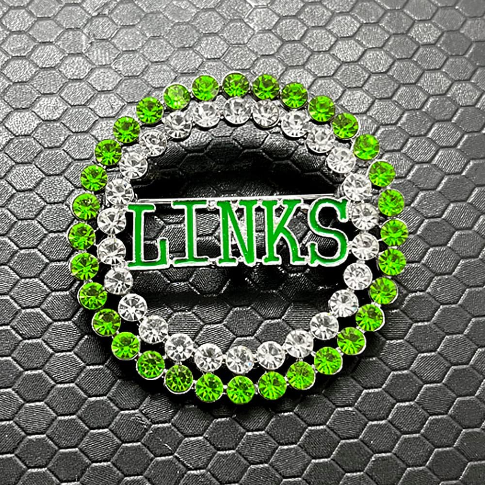 Exquisite green rhinestone inlaid round LINKS letter metal brooch the links incorporated society jewelry pin
