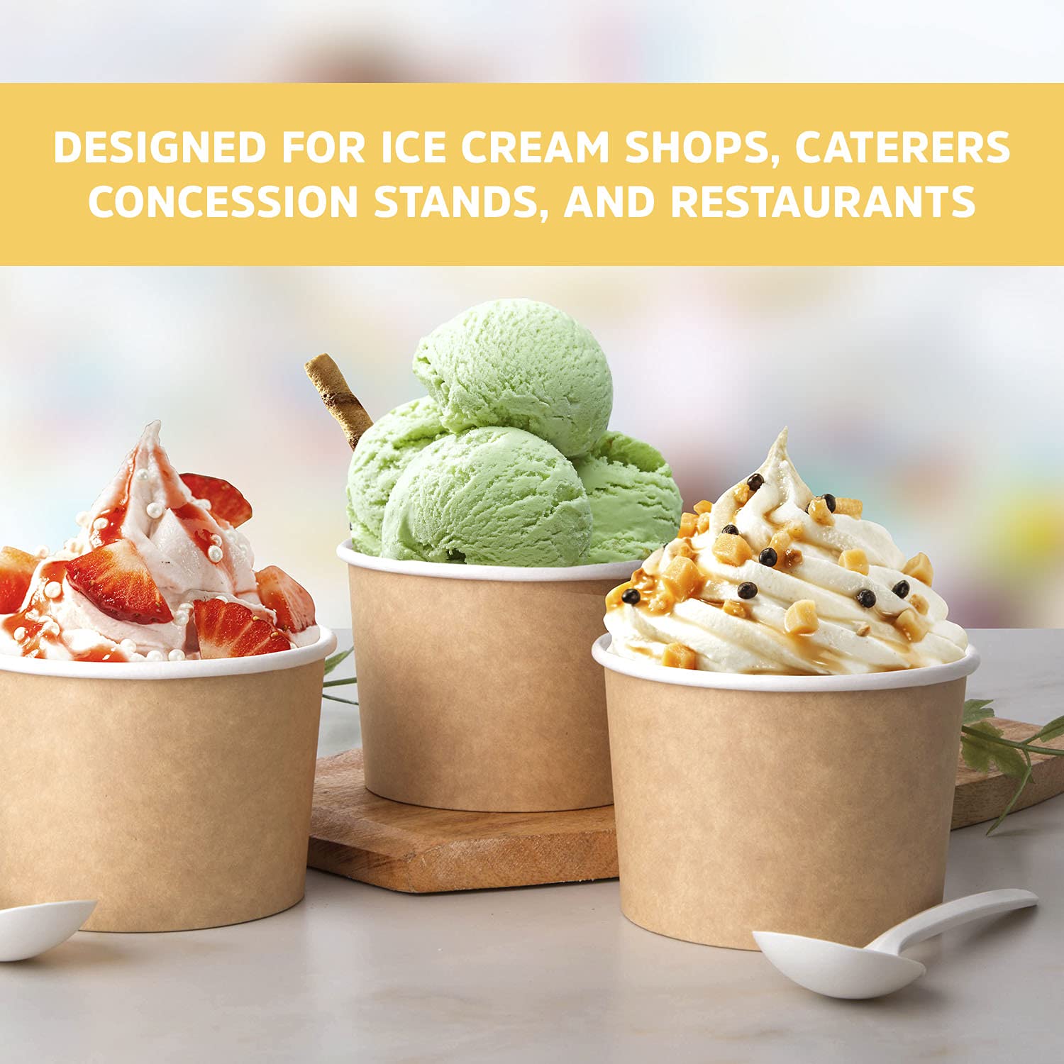 Promora 12オンス 紙製アイスクリームカップ 使い捨て 50個入り + スプーン、熱いスープ/デザート用ボウルとスプーン付き、熱い食べ物と冷たい食べ物に最適、使い捨てスープボウル、アイスクリームボウル、フローズンヨーグルト用（ブラウン 12オンス）