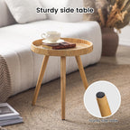 Round Rattan Side Table for Small Spaces, Boho Circle End Table Coffee Table with Solid Wood Leg for Living Room, Bedroom, Corners