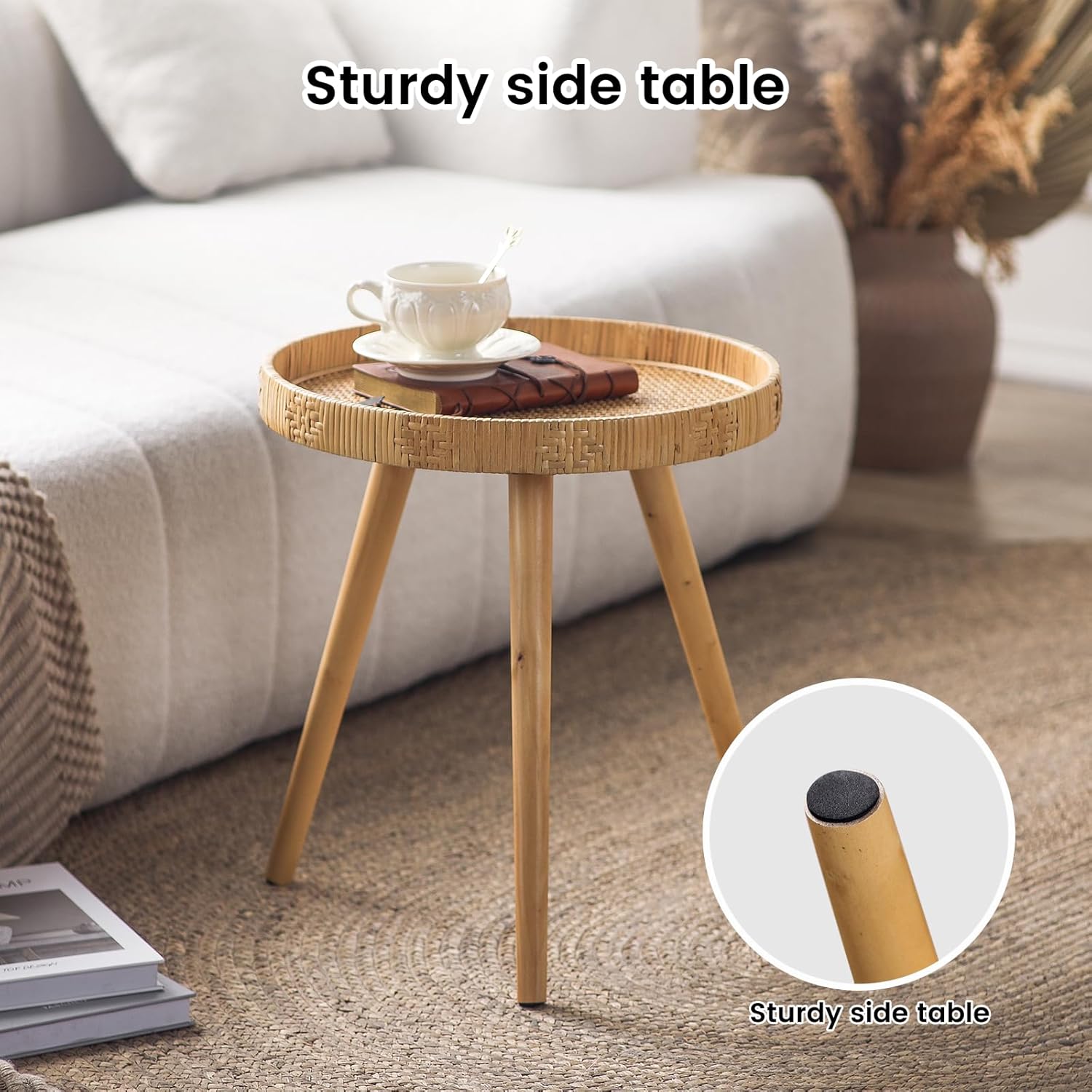 Round Rattan Side Table for Small Spaces, Boho Circle End Table Coffee Table with Solid Wood Leg for Living Room, Bedroom, Corners