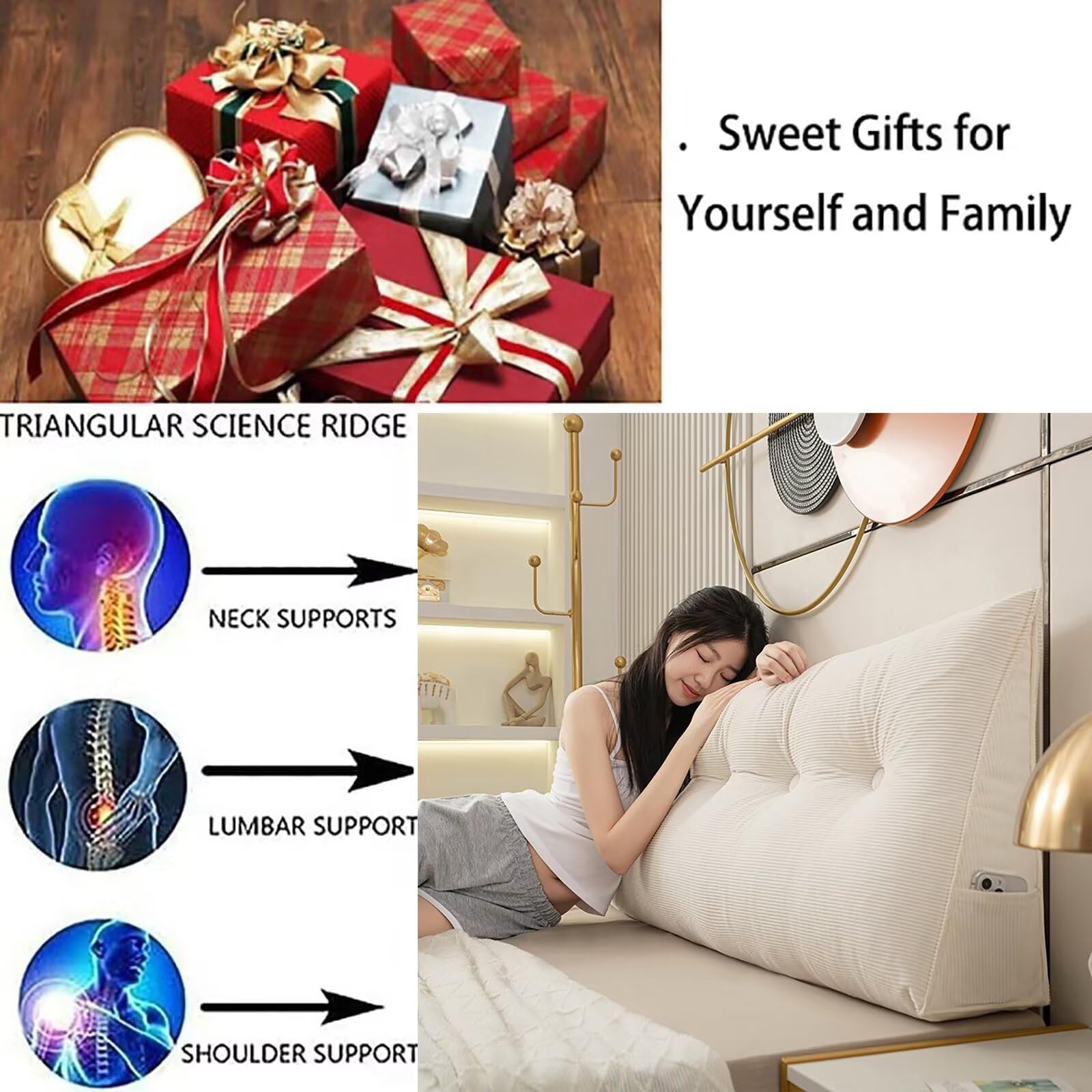 بالشتک گوه‌ای تِسیکا طوسی تیره برای تکیه‌گاه تخت، بالشتک بزرگ تکیه‌گاه، بالشتک گوه‌ای بزرگ، تکیه‌گاه نرم و حمایتی تخت، بالشتک‌های مطالعه برای نشستن در تخت با روکش قابل جدا شدن