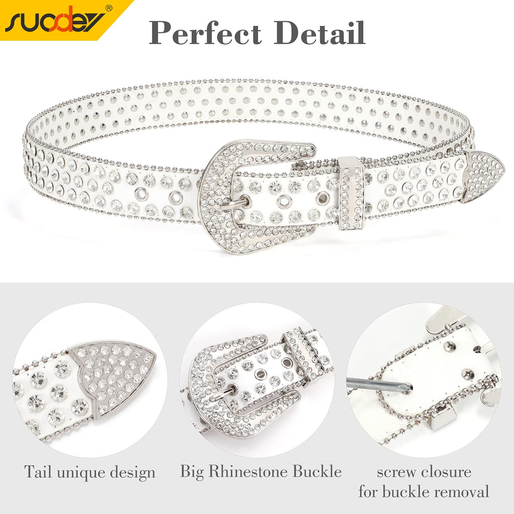 SUOSDEY Rhinestone Belt for Men Women Western Cowboy Cowgirl Bling Studded Leather Belt for Jeans Pants,White,M