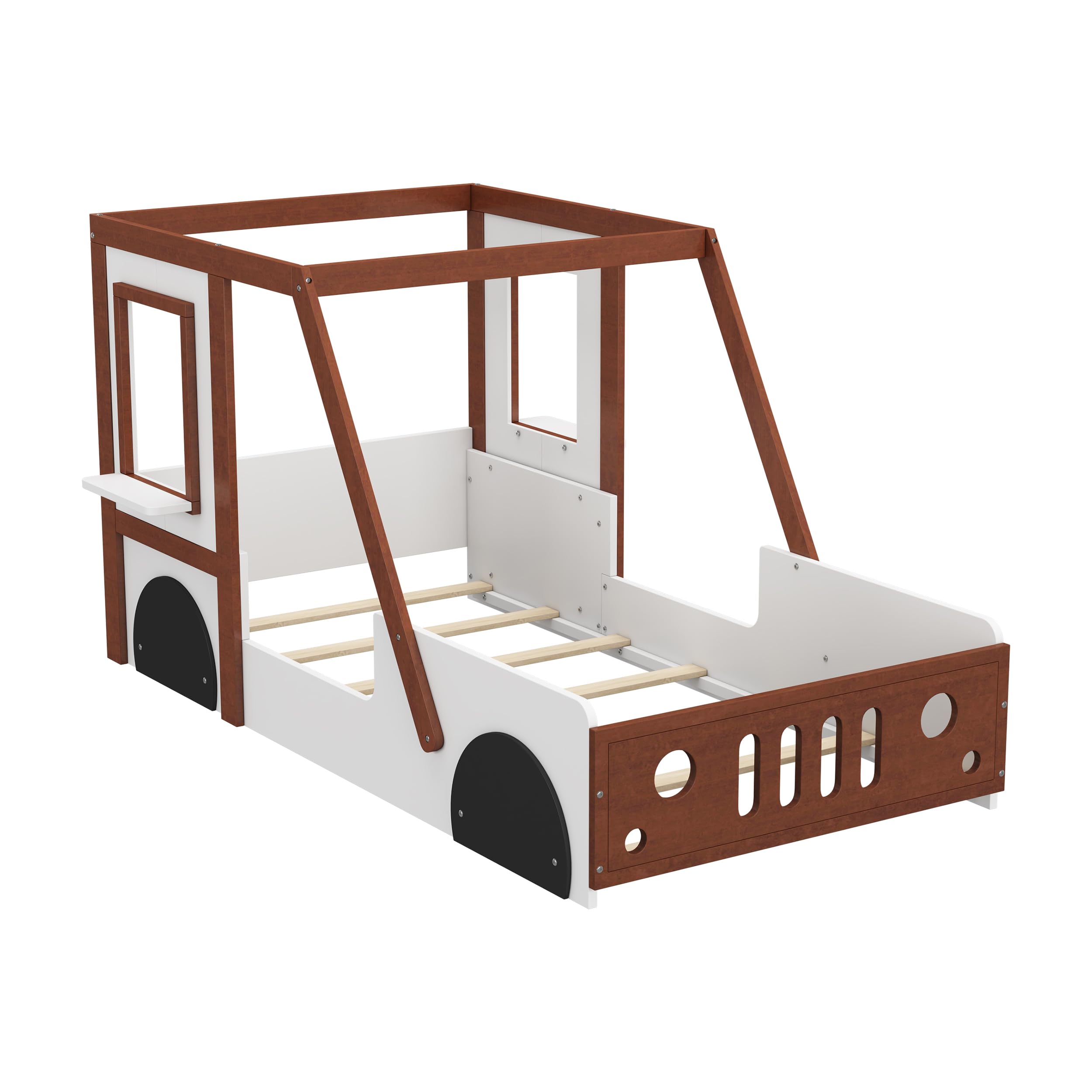 Cadre de lit voiture taille simple Harper & Bright Designs pour enfants, lit Montessori en bois au sol, lit plateforme simple avec roues et design de porte, lit simple ludique pour garçons filles chambre d'enfants, blanc et orange
