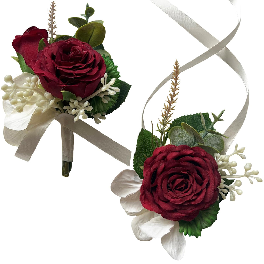 MAFELOE Artificial Wrist Corsage Boutonniere Set for Groom Bride Groomsmen Bridesmaids, Corsage Wristband Men Boutonniere Wedding Party Prom Suit Decorations - Burgundy 2Pcs