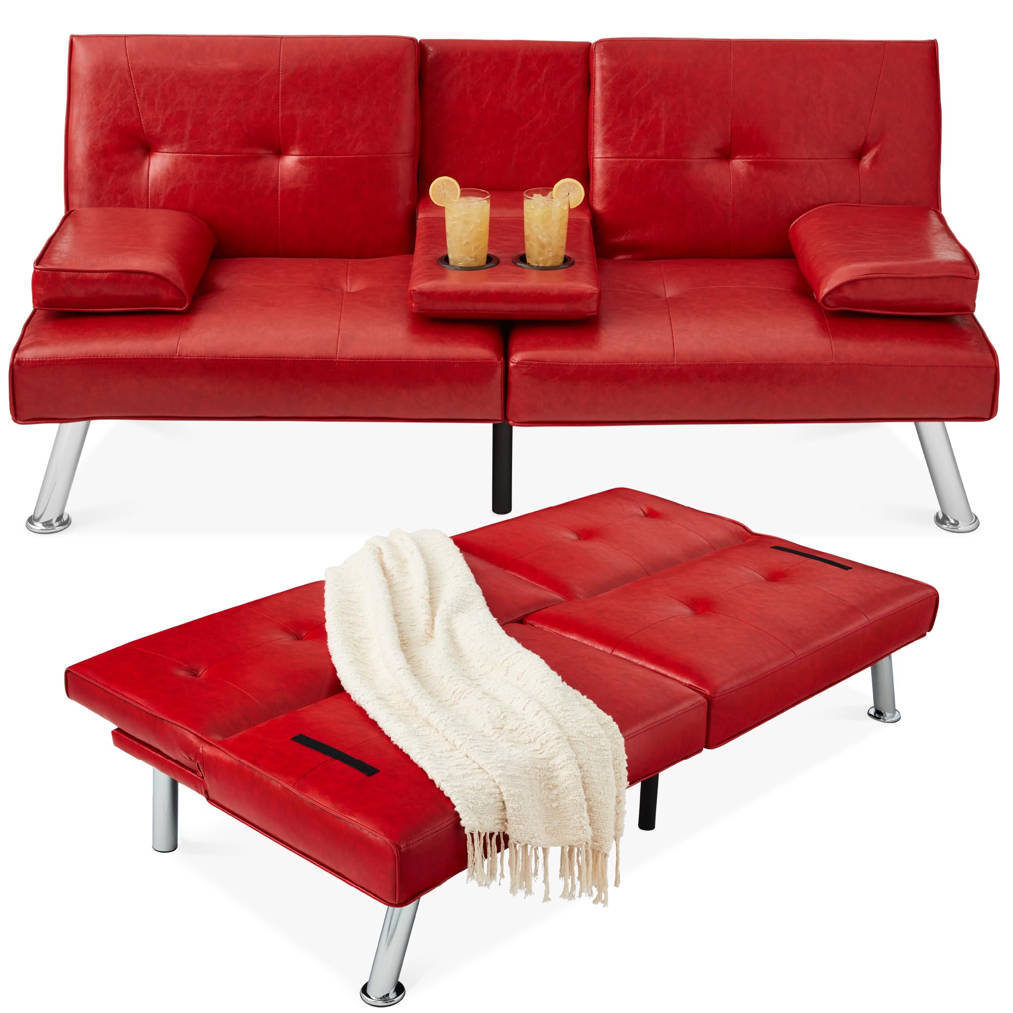 Best Choice Products Faux Leather Upholstered Modern Convertible Futon, Adjustable Folding Sofa Bed, Guest Bed w/Removable Armrests - Black