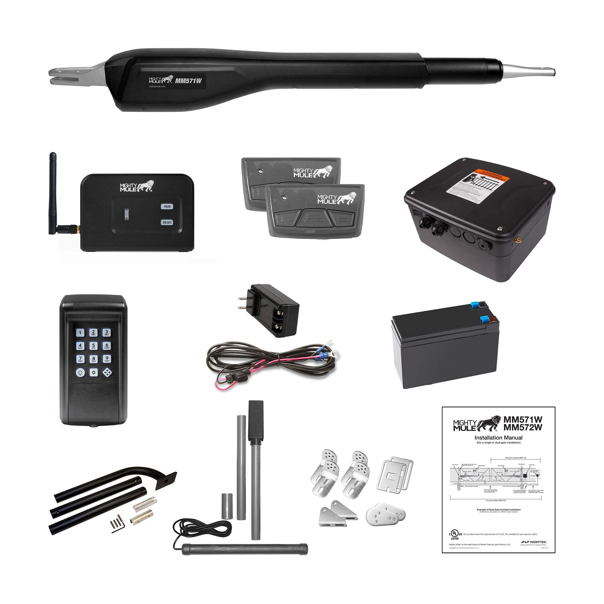 Mighty Mule MM572W HD Dual Arm Gate Openers 12 V Wireless AC/Battery Powered Automatic Gate Opener