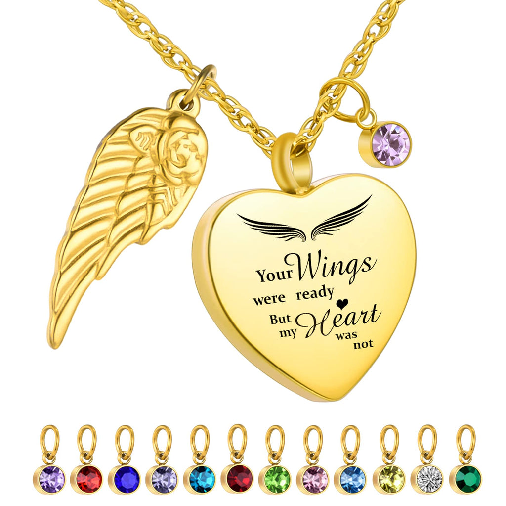 Dletay Heart Urn Necklace for Ashes with 12 Birthstones Cremation Jewelry for Ashes -Your Wings Were Ready My Heart Was Not