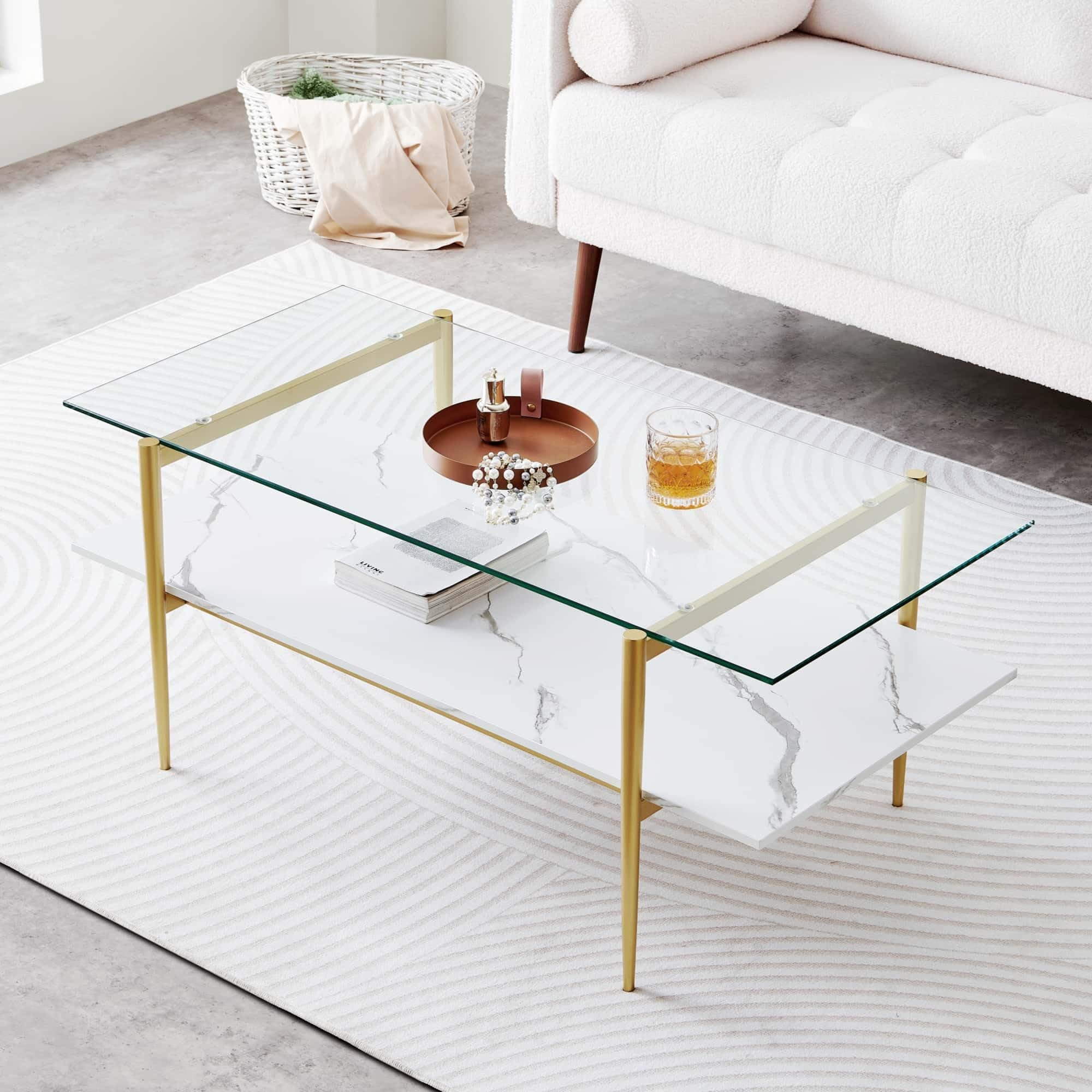 Round Coffee Table, Mid-Century Modern Design, D30 x H17, for Living Room, 2-Tier Structure, Amber Glass Top and Walnut MDF Shelf, Sleek Conical Metal Legs with Gold Finish