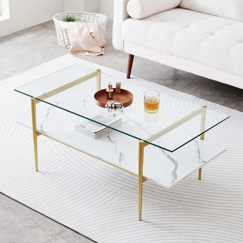 Extra Large Round Coffee Table, Mid-Century Modern Design, D34 x H17 in, for Living Room, 2-Tier Structure, Amber Glass Top and Walnut MDF Shelf, Sleek Conical Metal Legs with Gold Finish
