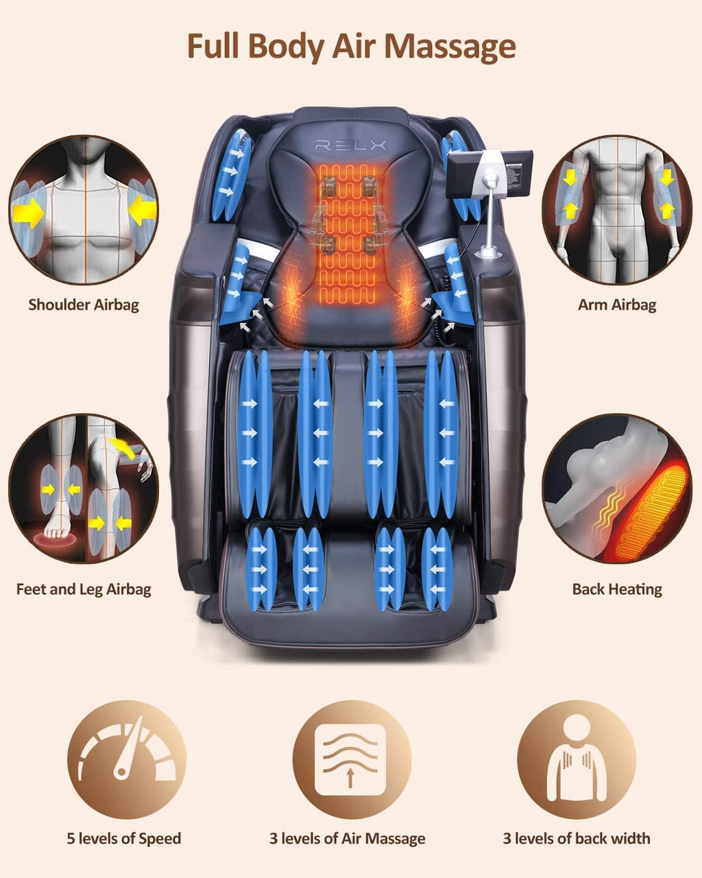 RELX 2025 Massage Chair Full Body, Zero Gravity SL-Track Shiatsu Massage Chair Built-in Heat System, Airbag Massage, with Body Scan, Deep Yoga Stretch, Calfrest Extension and AI Control(Brown)