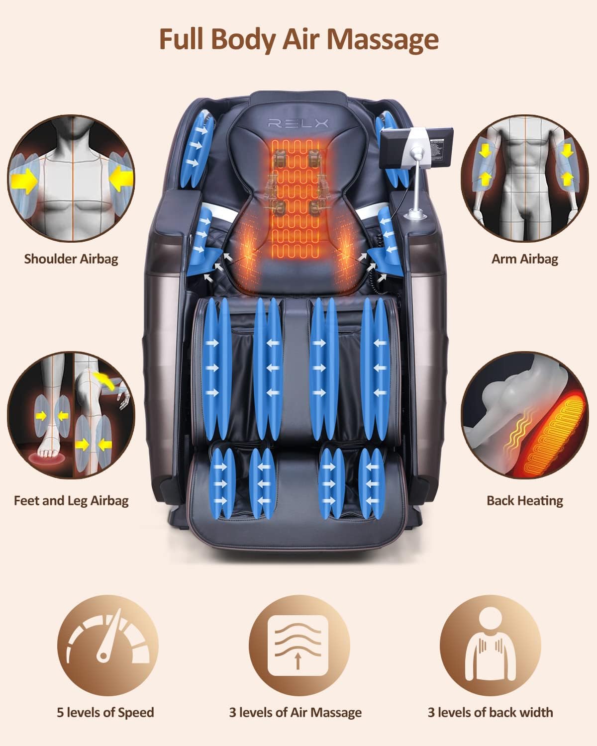 RELX 2025 Massage Chair Full Body, Zero Gravity SL-Track Shiatsu Massage Chair Built-in Heat System, Airbag Massage, with Body Scan, Deep Yoga Stretch, Calfrest Extension and AI Control(Brown)