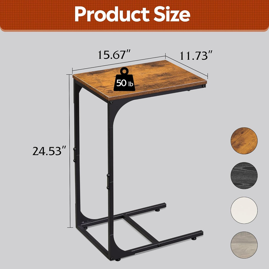 WLIVE C Shaped End Table, Small Couch Side Tables with Metal Frame That Slide Under, Sofa Table TV Tray for Living Room, Bedroom, Rustic Brown