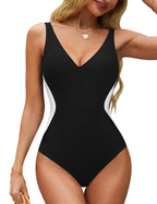BMJL Women's One Piece Swimsuit Slimming Tummy Control Bathing Suit Deep V Neck Color Block Lace Up Back Swimwear(L,Black)