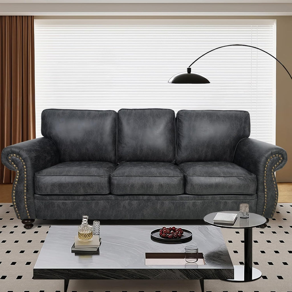 88’’ Rivet Couch,Living Room Sets,Mid-Century Couch, Solid Wooden Frame for Living Room,Upholstered Sofa (Grey, 3 Seats)