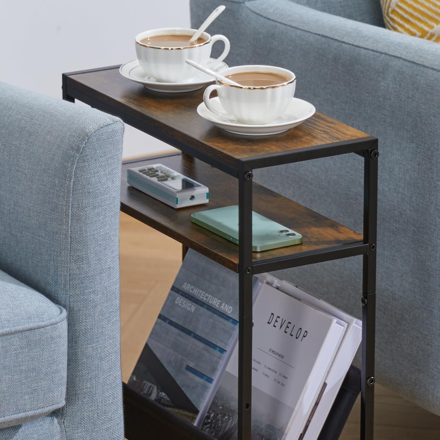 Narrow End Table for Small Spaces - Slim Side Table with Magazine Holder,2 in 1 Design Narrow Coffee Table Living Room,Skinny Bedroom Nightstand Thin Side Magazine Table,Rustic Brown