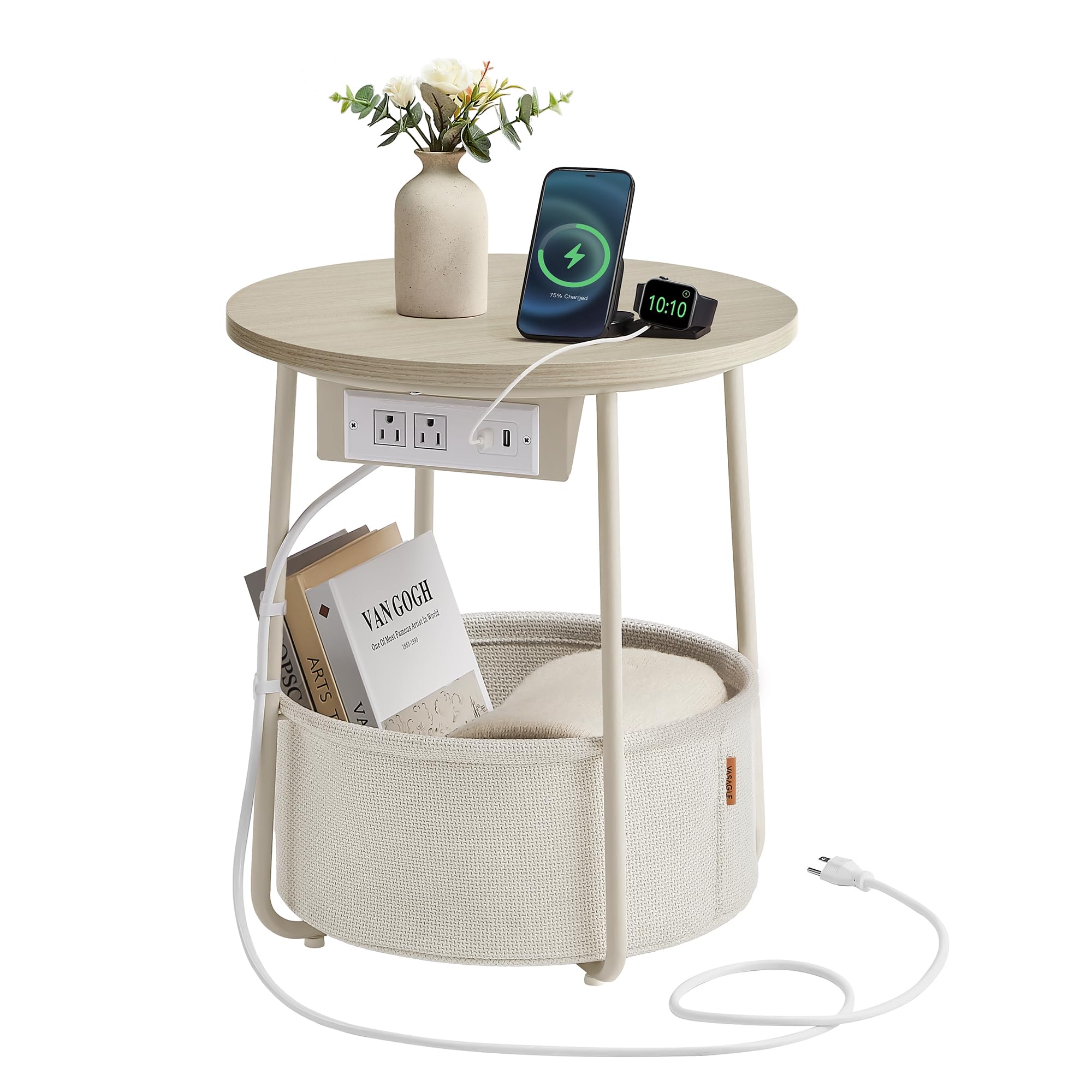 VASAGLE Side Table with Charging Station, Round End Table with Fabric Basket, Nightstand with Power Outlets, USB Ports, for Living Room, Bedroom, Modern, Matte White and Camel Brown ULET228W01