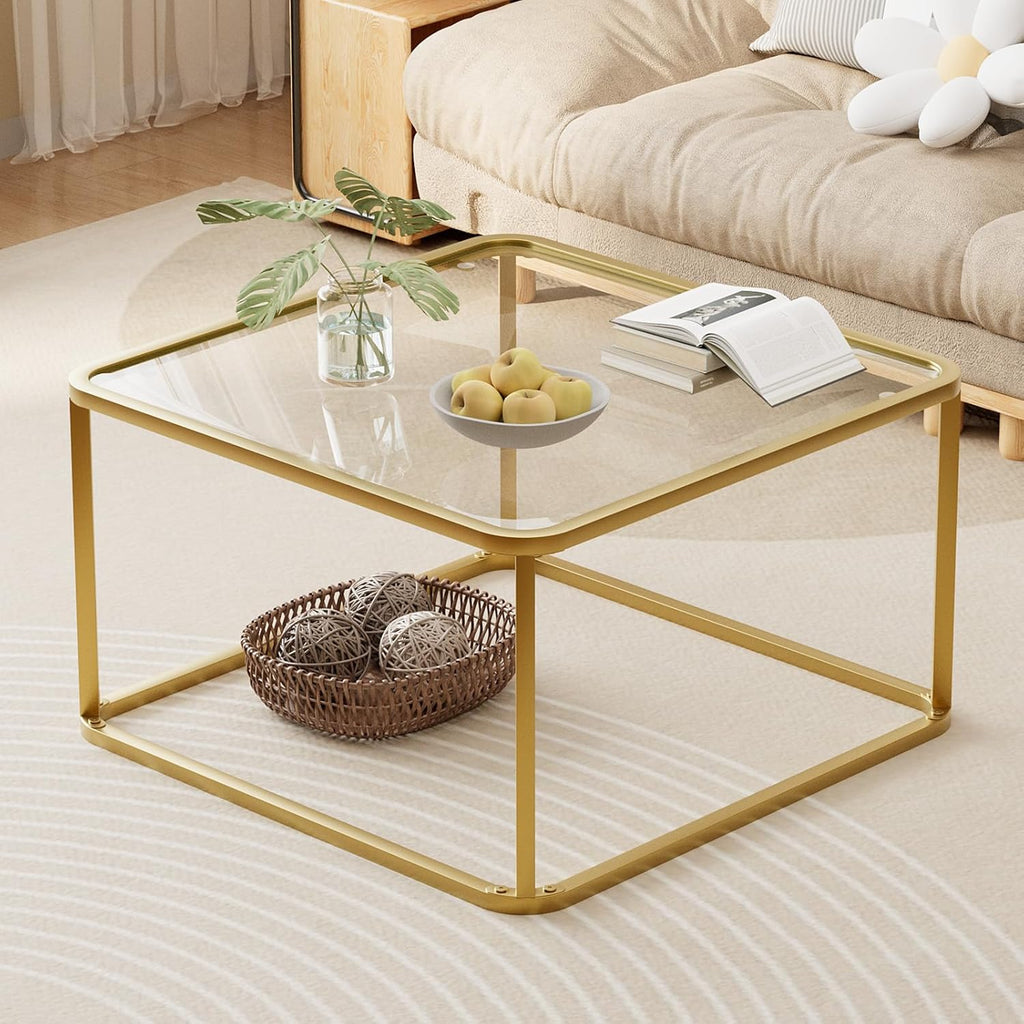 Coffee Table Glass, Minimalist Square Tables for Living Room, Modern Center Table for Office or Small Space, Tempered Glass, Sturdy Metal Frame, Easy Assembly, 26.4 x 26.4 x 15.7 Inches, Gold