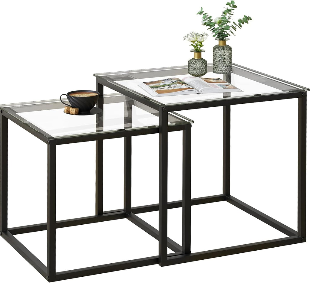 VILAWLENCE Coffee Table Set of 2, Modern Black Glass Side Table, Metal Frame Square End Table, Center Tables,Nesting Coffee Table for Living Room,Bedroom and Small Spaces