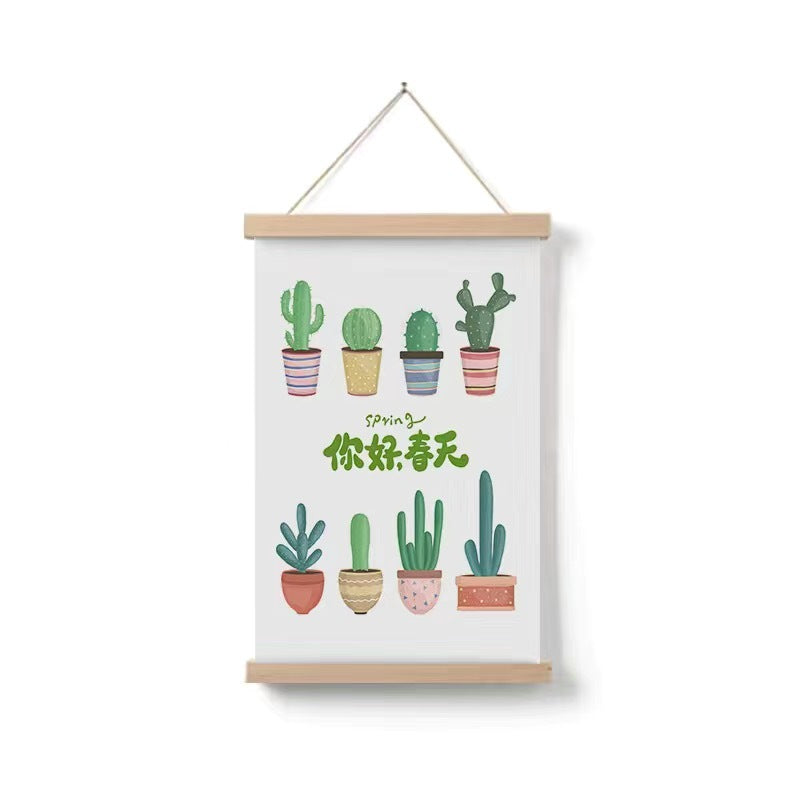 Simple Home Cartoon Green Plant Solid Wood Fabrics Hanging Picture
