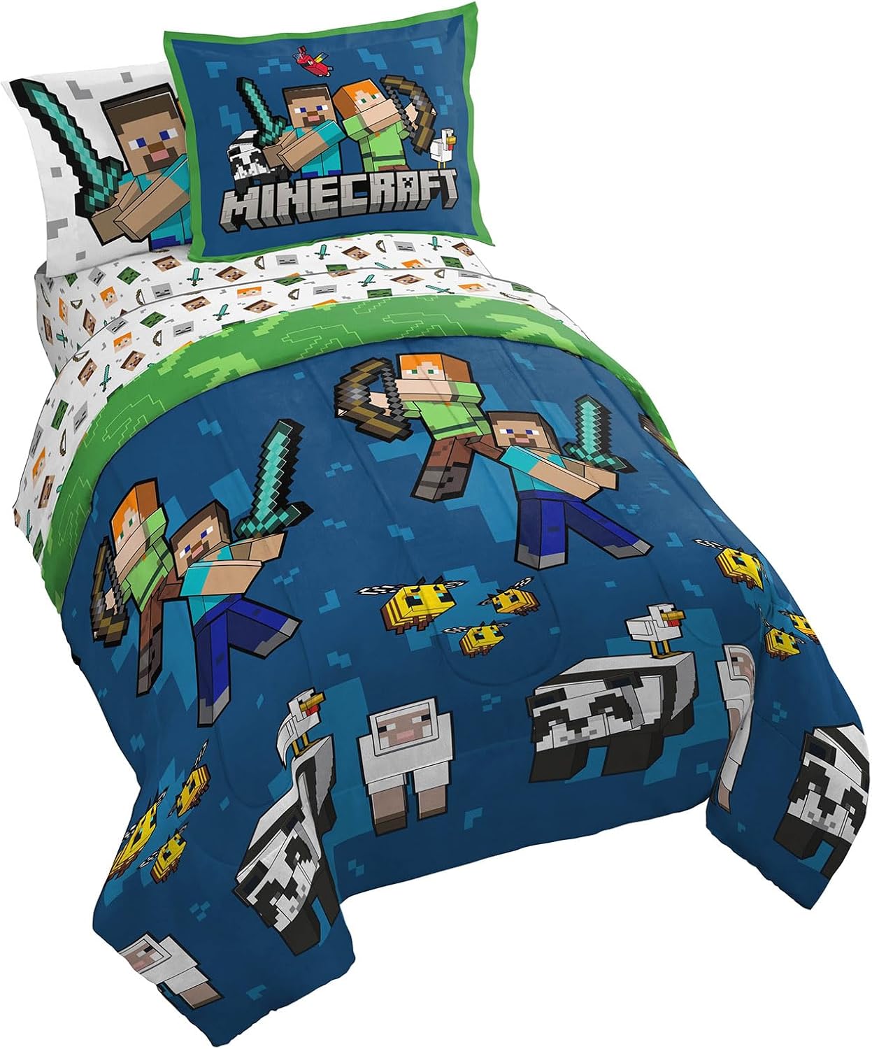 Jay Franco Minecraft Twin Comforter Set - 5 Piece Bedding Includes Sheet Set & Pillow Covers - Super Soft Kids Bedding Features Creeper & Zombie