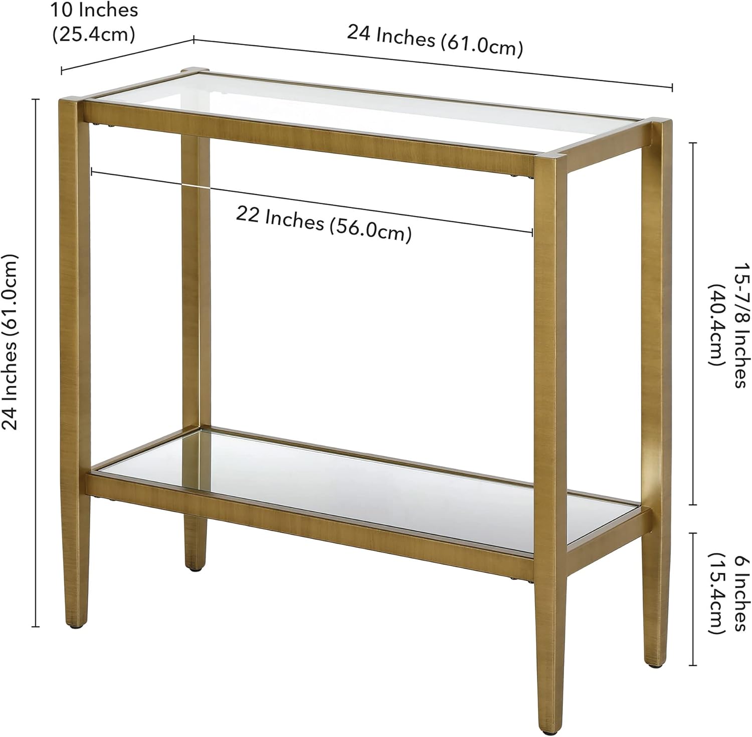 Henn&Hart 24" Wide Rectangular Side Table with Glass Shelf in Antique Brass, Table for Living Room, Bedroom