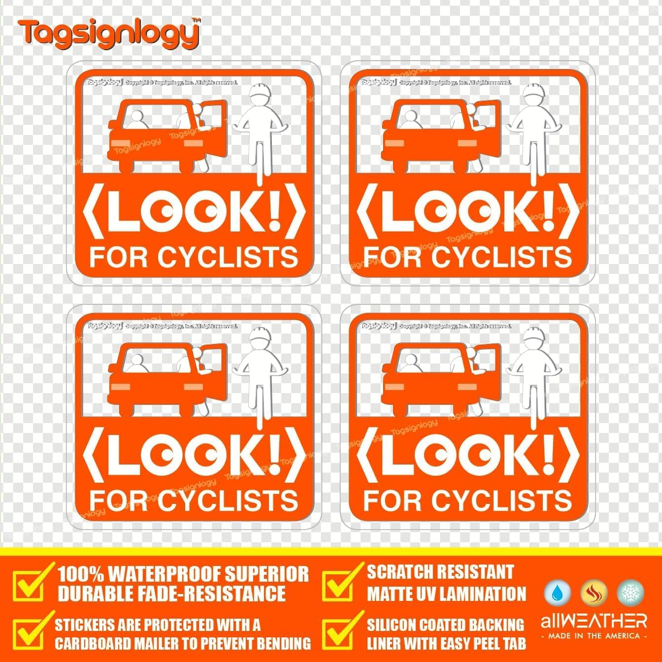 (4 pcs) Look for Cyclists - UV Weatherproof Clear Sticker - for Passenger Bicycle Bike Driver Safety Caution Sign - Taxi Car Open Door Window Cling Transparent Waterproof Vinyl Decals