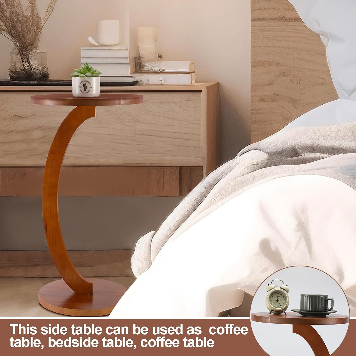 Leinuosen C Shaped Round End Table Solid Wood Handmade Side Table for Couch, Sofa, Living Room, Coffee and Eating Snack Tray (C Shaped Round,13.39 x13.39 x 23.43 Inch)