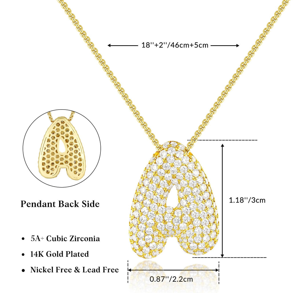 KissYan Bubble Letter Necklace, 14K Gold Plated Balloon Initial Pendant Box Chain Necklace Dainty Pave CZ Jewelry Gift for Women(Gold A)