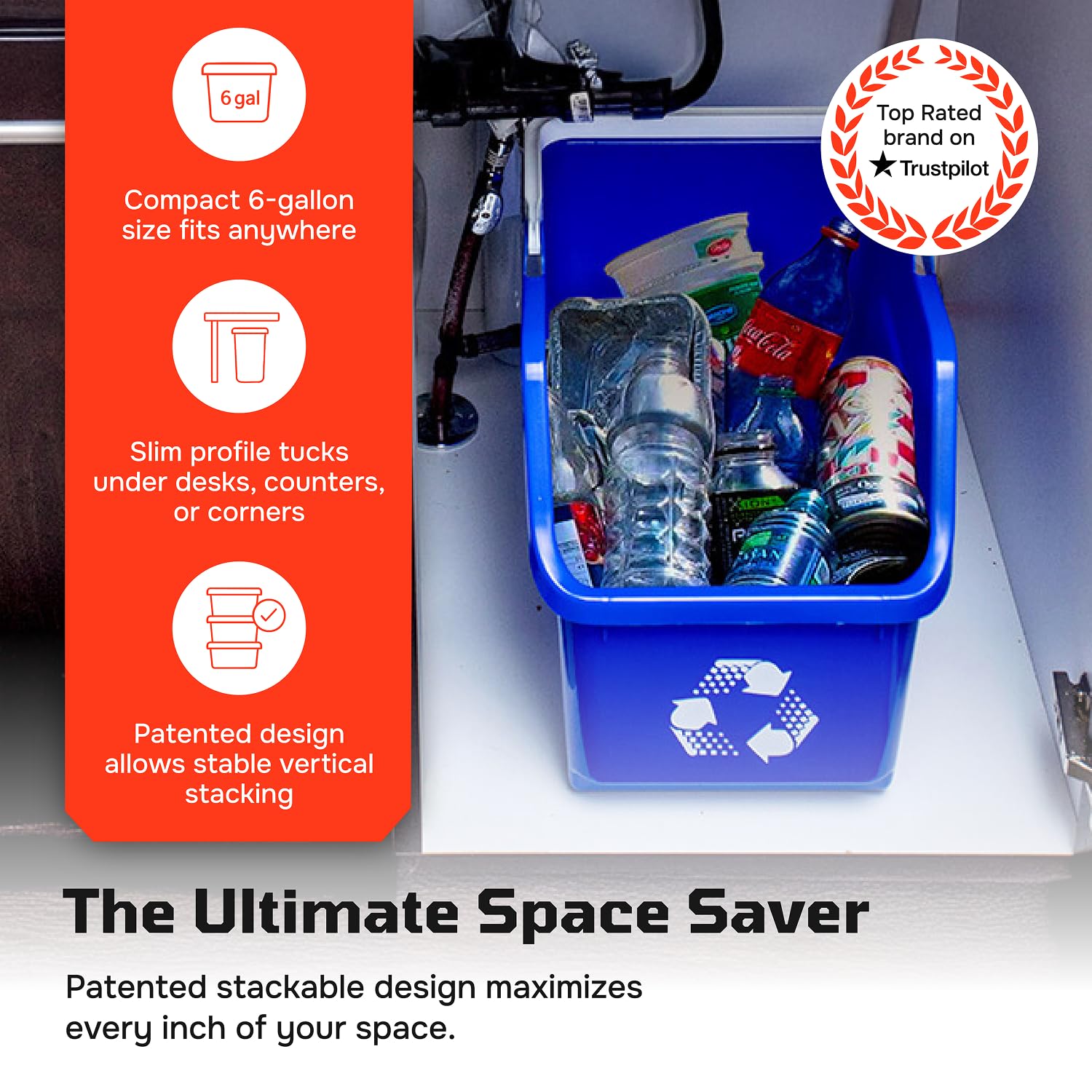 Multi Bin Recycling System with Three Stackable 6 Gallon Recycle Bins to Build Your Recycling Center for Offices, Kitchen, Garages, Businesses (3 Pack, Blue/Grey/Green)