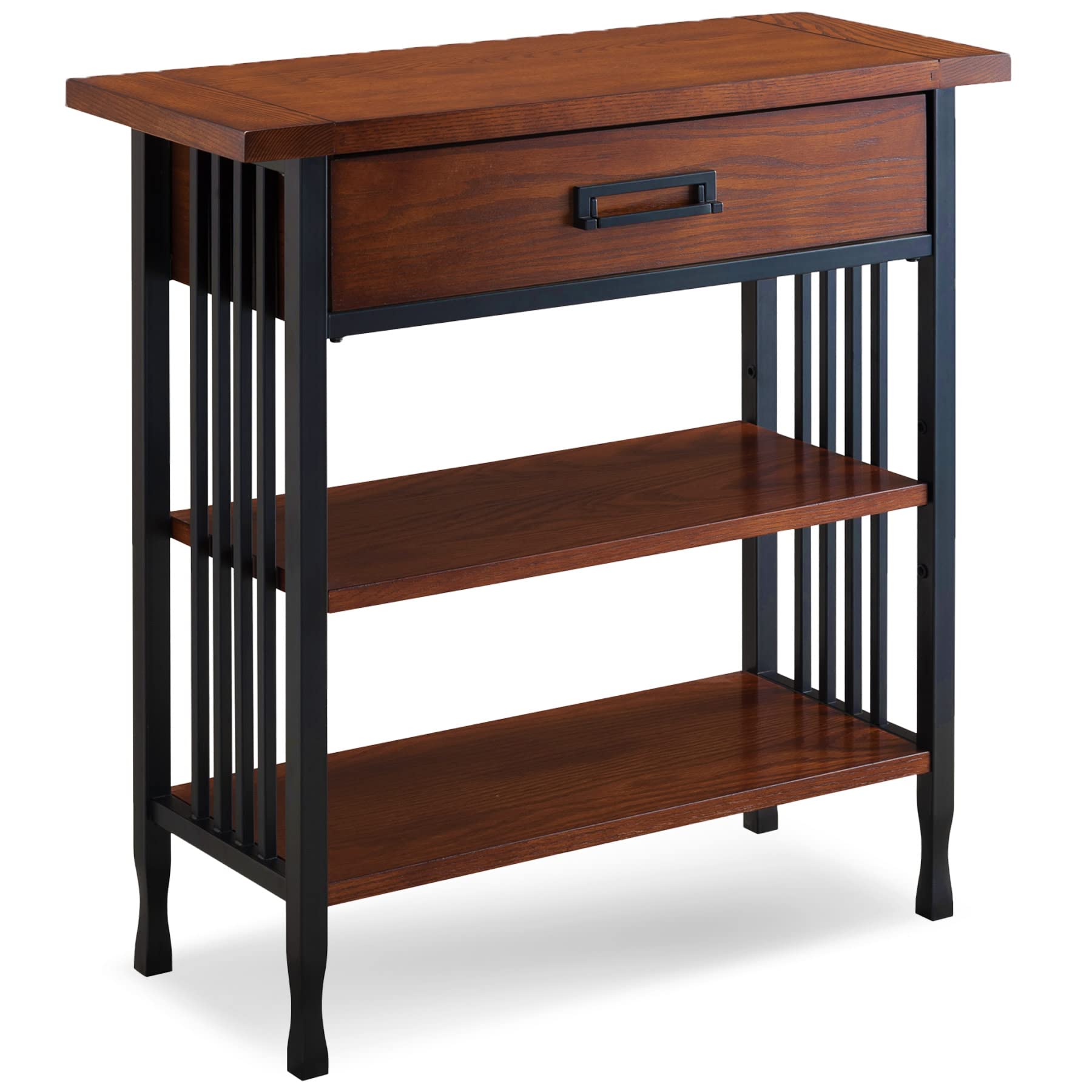 Leick Home Mission Impeccable Bookshelf, Solid Wood, 2 Drawers, 2 Shelves, Slatted Sides, Blackened Hardware, Easy Assembly, Russet Brown, 12 in D x 34 in W x 30 in H, Item 8261