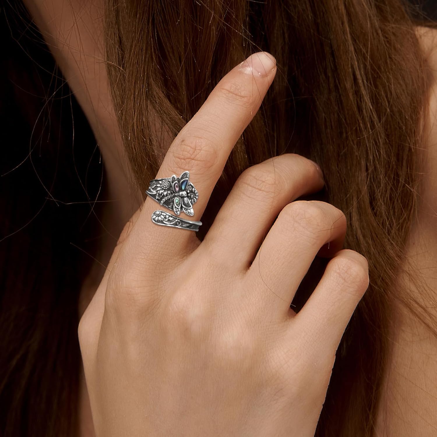 S925-Sterling-Silver Turquoise Dragonfly/Butterfly Spoon Ring - Vintage Boho Sunflower Thumb Rings Oxidized Wrap Ring Victorian Style Antique Floral Jewelry Gifts for Women