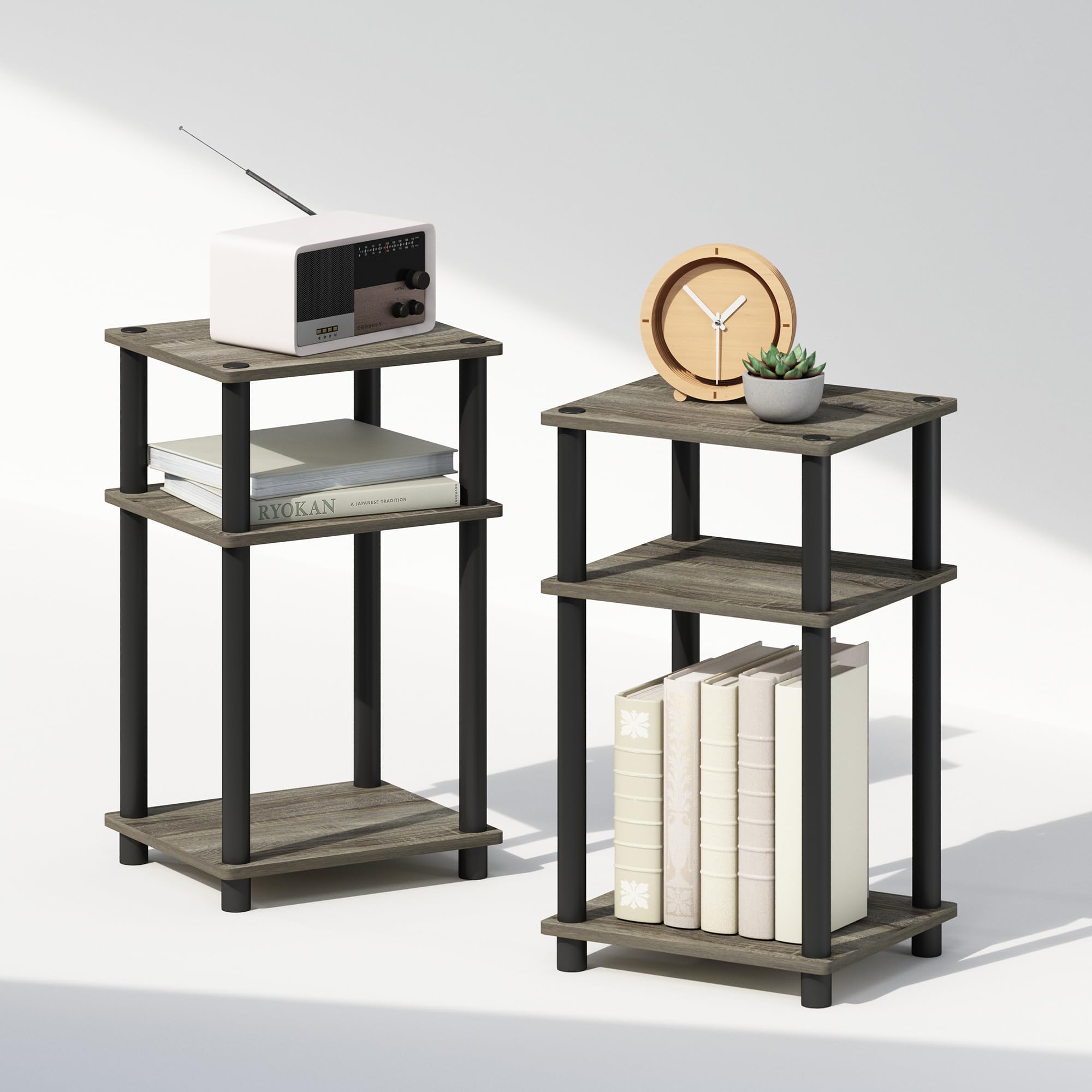Furinno Just 3-Tier Turn-N-Tube Nightstand, 2-Pack, Columbia Walnut/Black