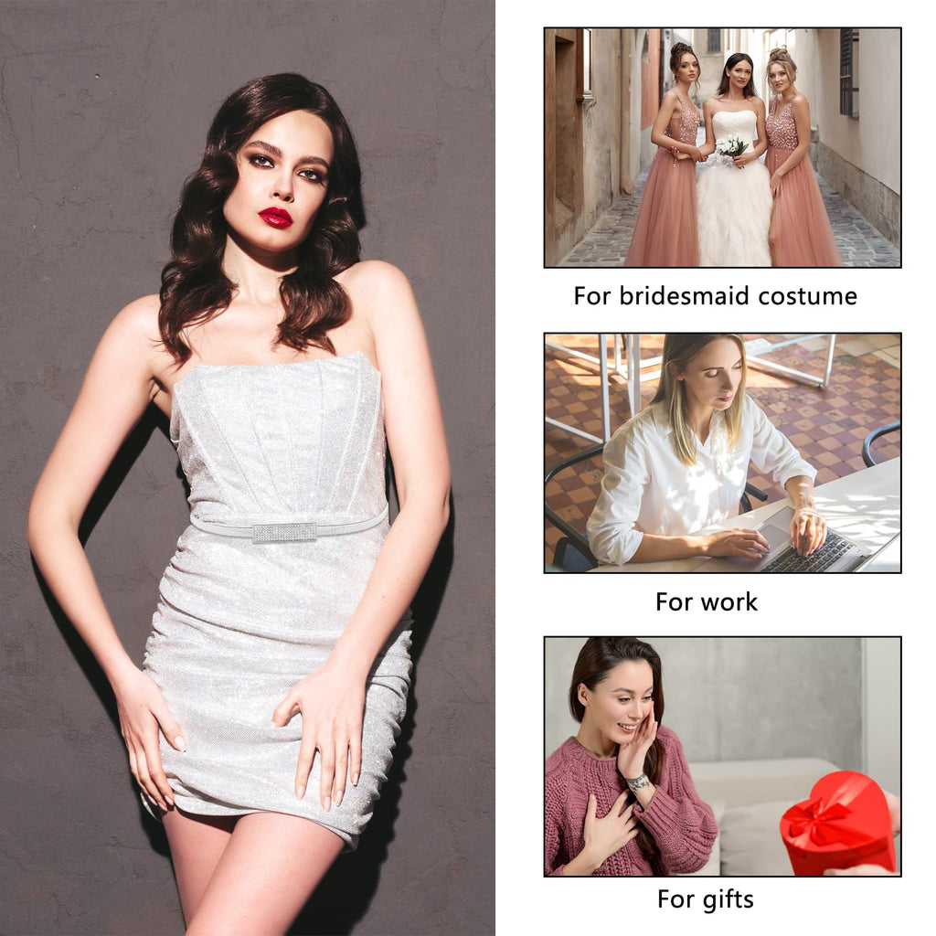 Women Skinny Metal Waist Belt Elastic Metal Chain Waist Belt Fashion Rhinestone Dress Belts for Dress, Sliver