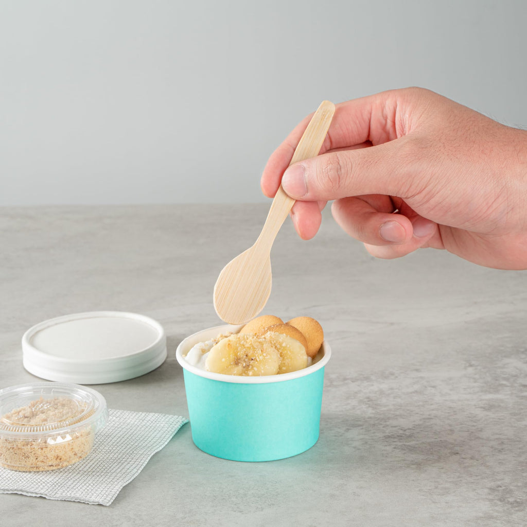 Restaurantware Coppetta 3-Unzen-Dessertbecher, 50 Einweg-Eisbecher - Deckel separat erhältlich, stabile, türkisfarbene Papier-FroYo-Schalen, gestreift, für heiße und kalte Speisen, perfekt für Gelato