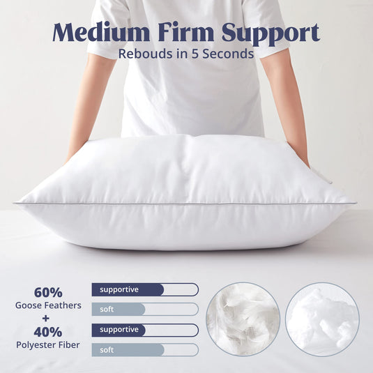 puredown® Goose Feathers and Down White Pillows with 100% Cotton Cover, Bed Sleeping Hotel Collection Pillows Set of 2, Standard Size