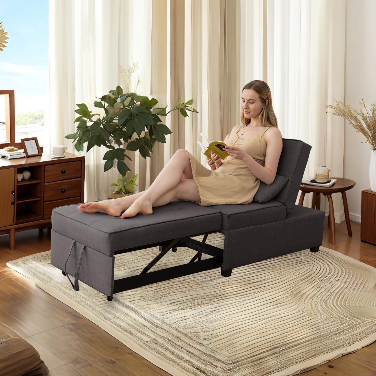 Cynefin Futon Chair with Lumbar Pillow and 3 Side Pockets, Sofa Bed Chair, Convertible 4 in 1 Ottoman Bed Tufted Fabric Gray (M, Gray)