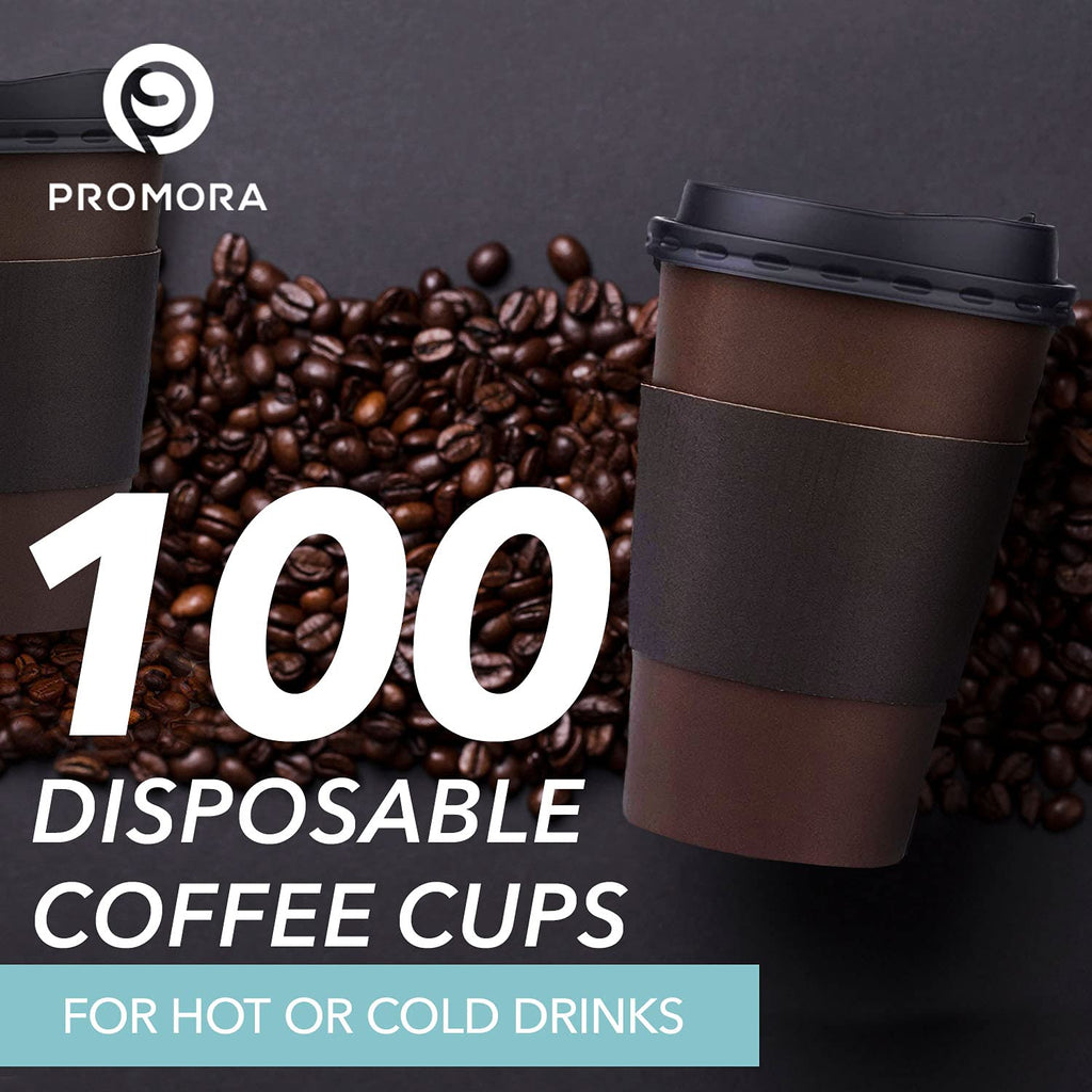 Promora 12 oz Brown Disposable Coffee Cups with Lids & Sleeves, Hot Coffee Cup Sleeves Disposable, Premium Insulated To Go Coffee Paper Cups with Lids & Sleeves (12 oz, Pack of 80) Brown and Black