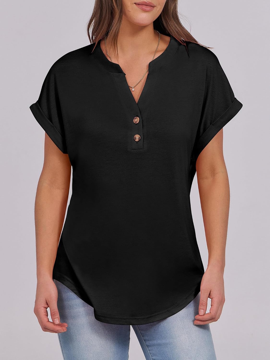 ANRABESS Womens Short Sleeve Henley Tops V Neck Dressy Casual Loose Fit Shirts Summer Flowy Blouses 2025 Trendy Clothes
